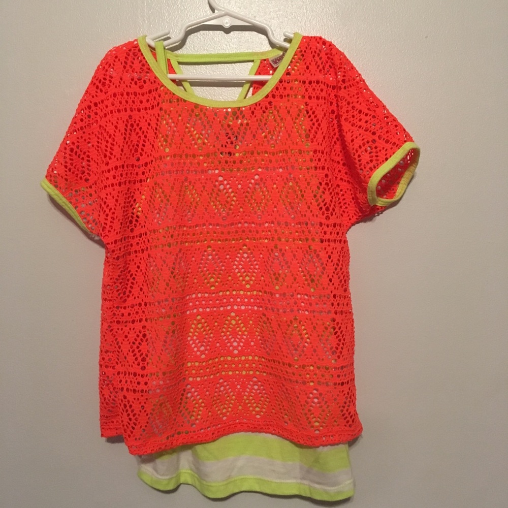 Knit Works Neon Orange and Yellow Lace 2-Piece Top